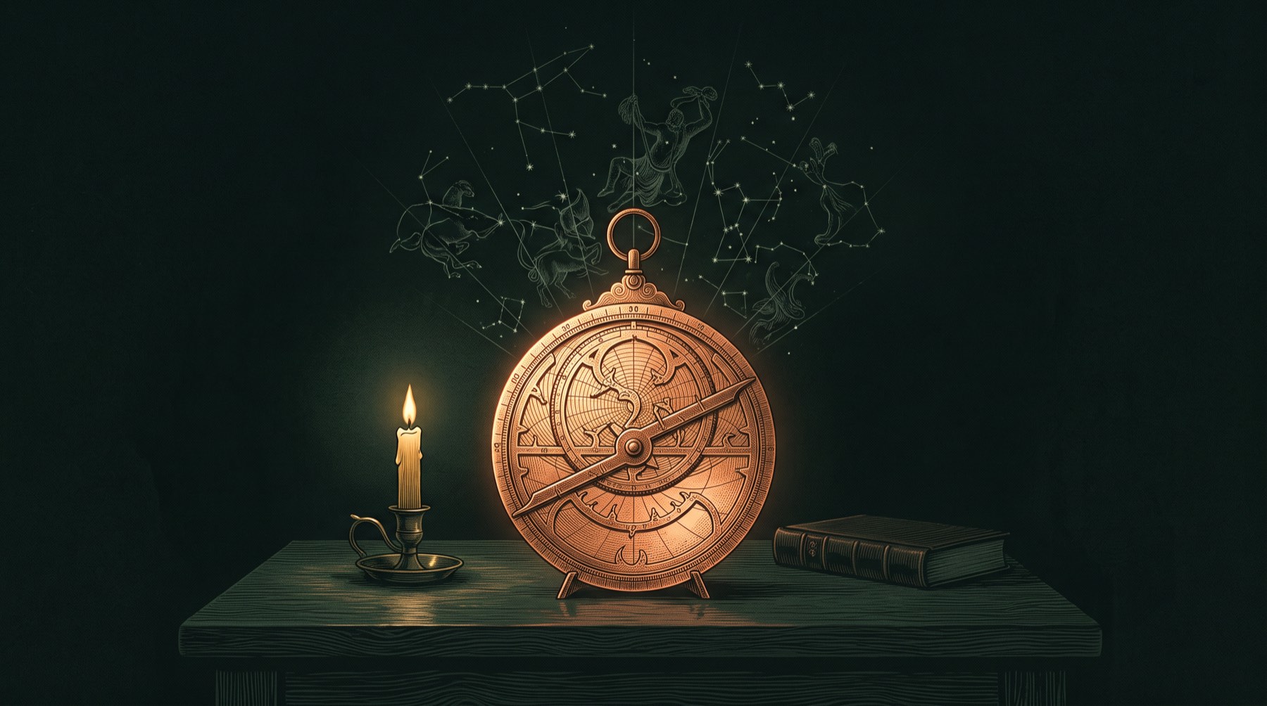 A glowing copper astrolabe on a dark desk, constellation lines rising from it