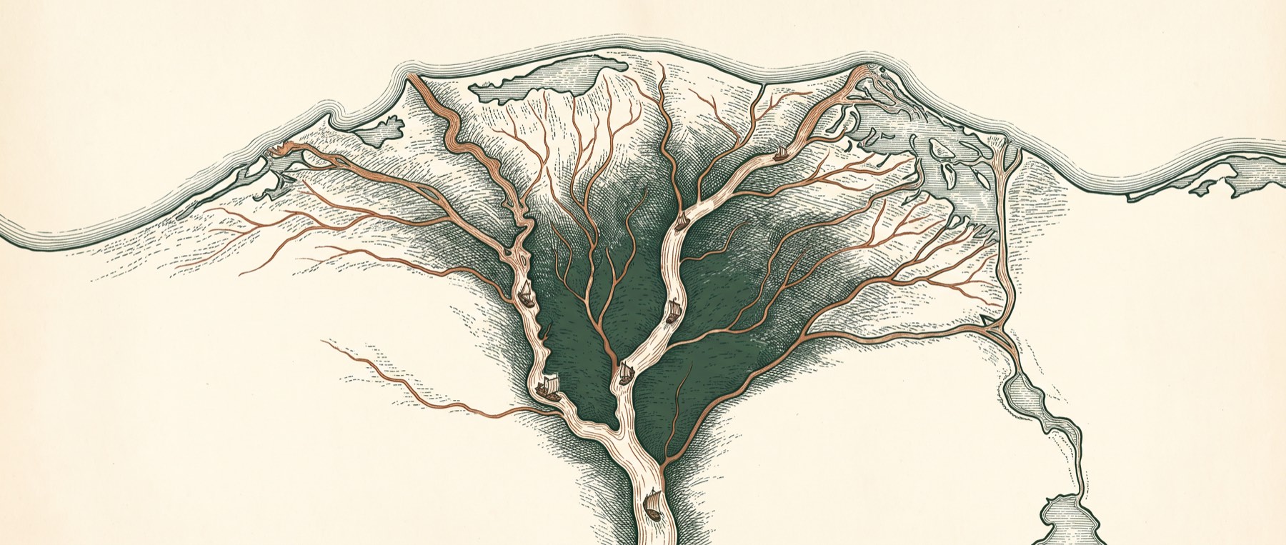 Antique map of copper tributaries converging into a green river basin