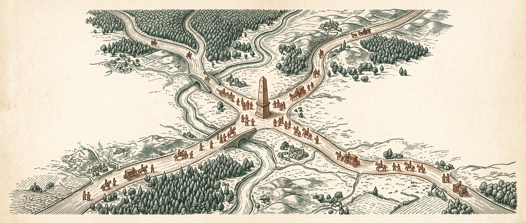Antique route map of roads converging on a single obelisk crossroads