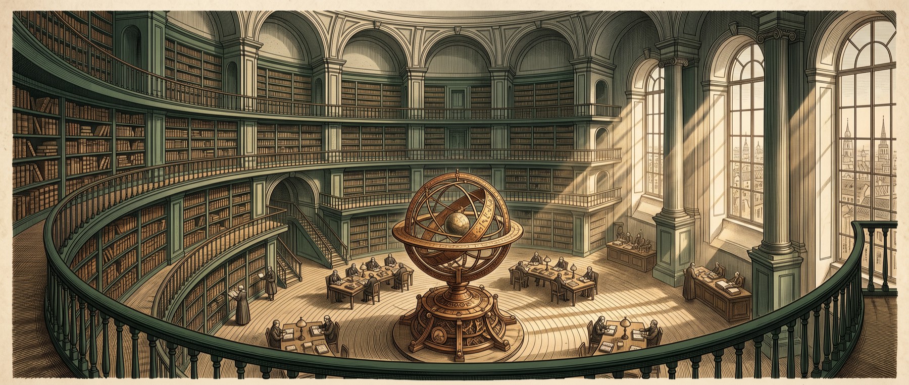 Engraved atlas library hall with tiers of ledger shelves and a brass armillary sphere