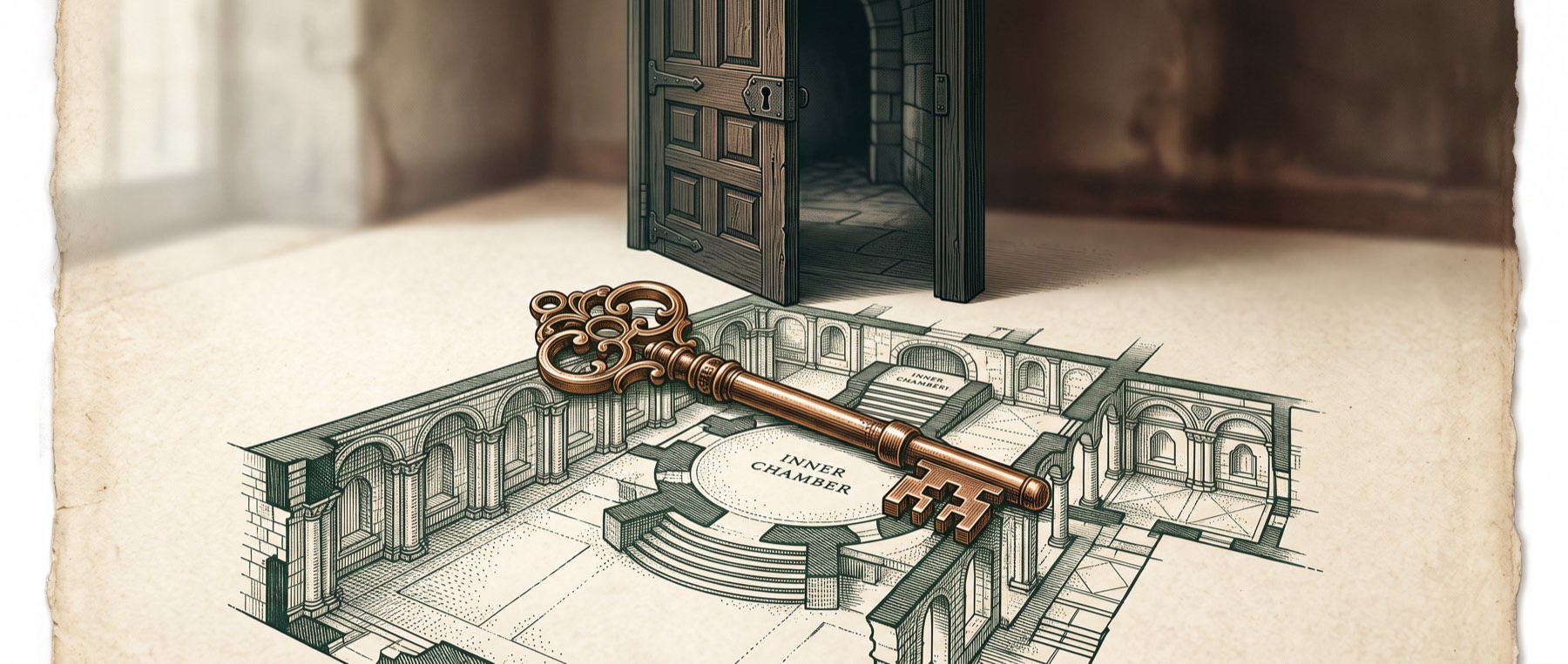 Engraved brass key on a floor plan beside a heavy door standing ajar