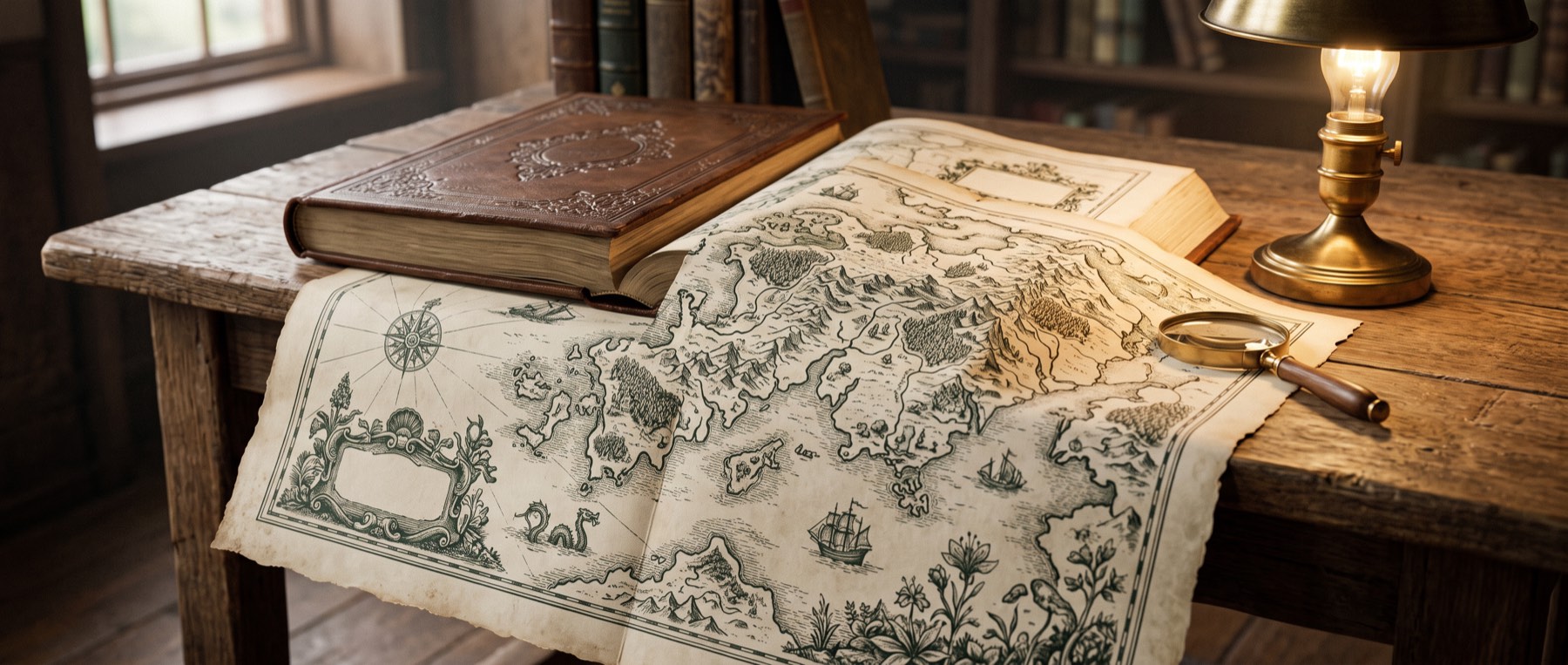 Engraved open atlas with a fold-out map, magnifier and reading lamp