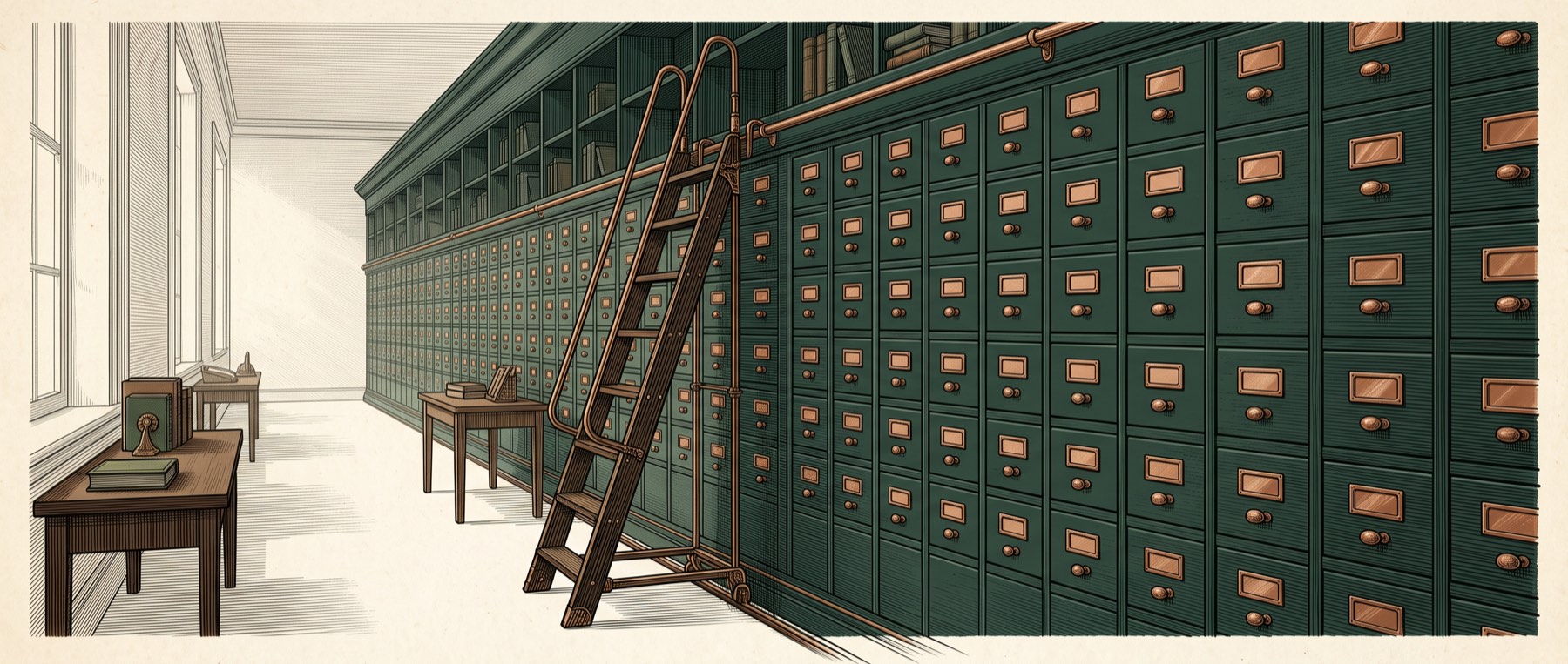 Engraved records room: card-catalog drawers with copper handles and a rolling ladder