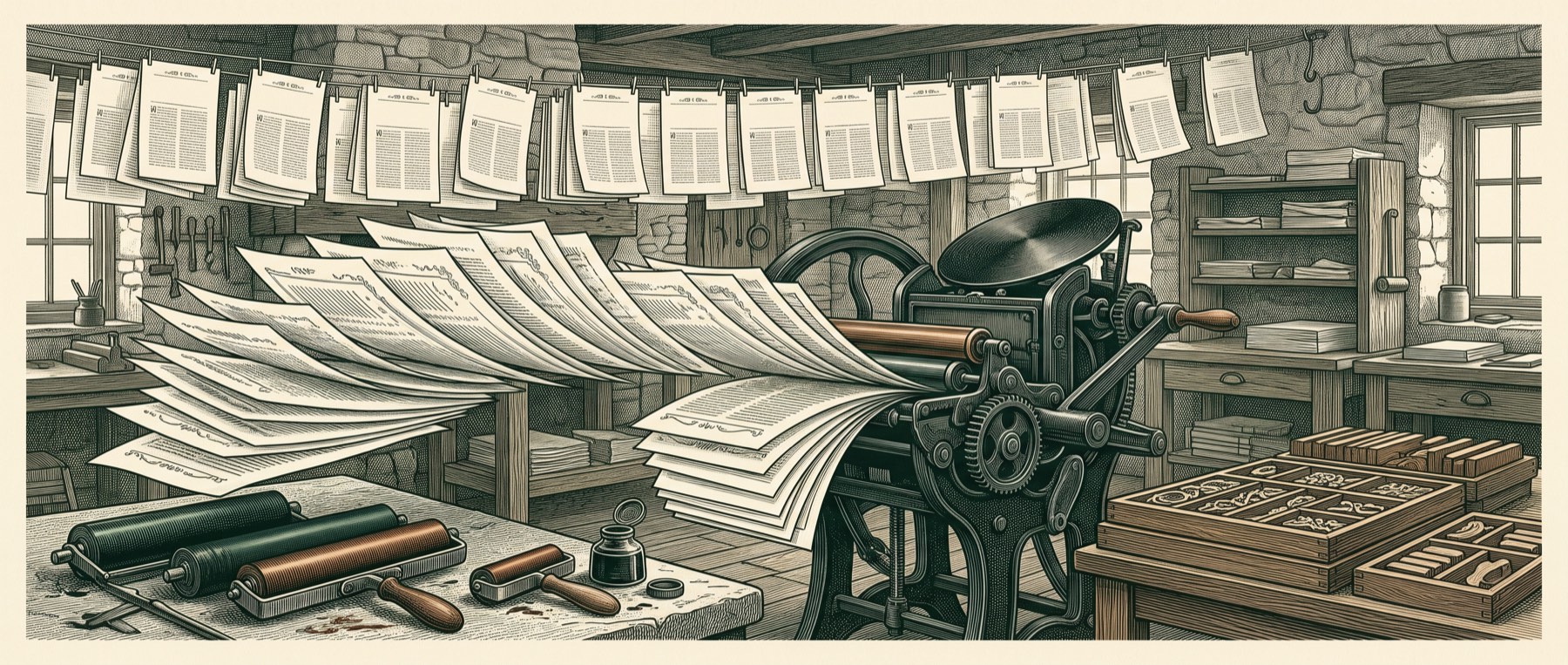 Engraved printing press mid-run with broadsheets drying on lines
