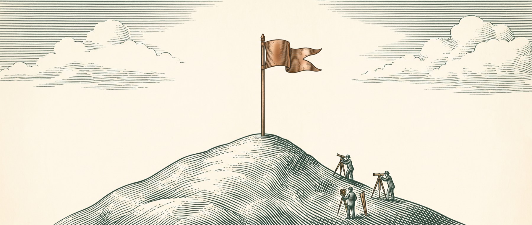Engraved contour hill with an expedition flag planted at the summit