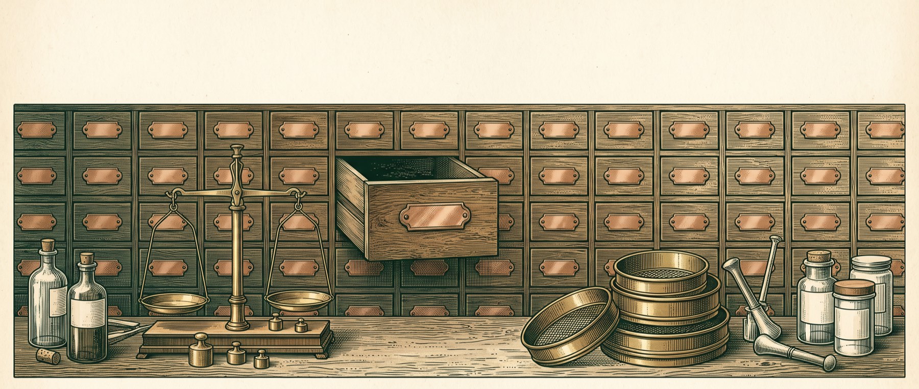Engraved apothecary wall of small drawers with a balance scale