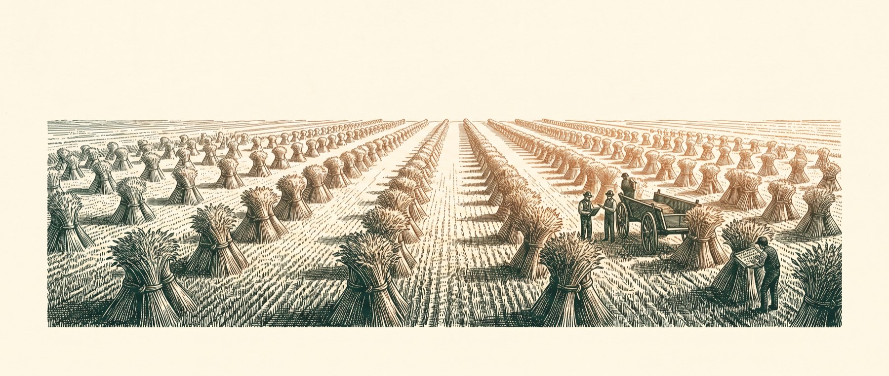 Engraved harvest field, rows of bound sheaves being tallied beside a cart