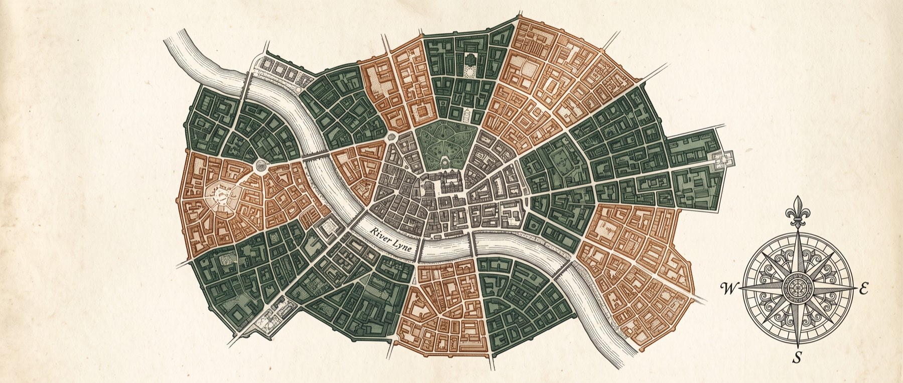 Engraved city district map shaded green and copper, with a compass rose