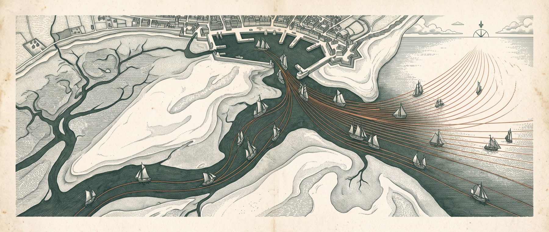Antique harbor map at ebb tide, boats departing along fanned routes