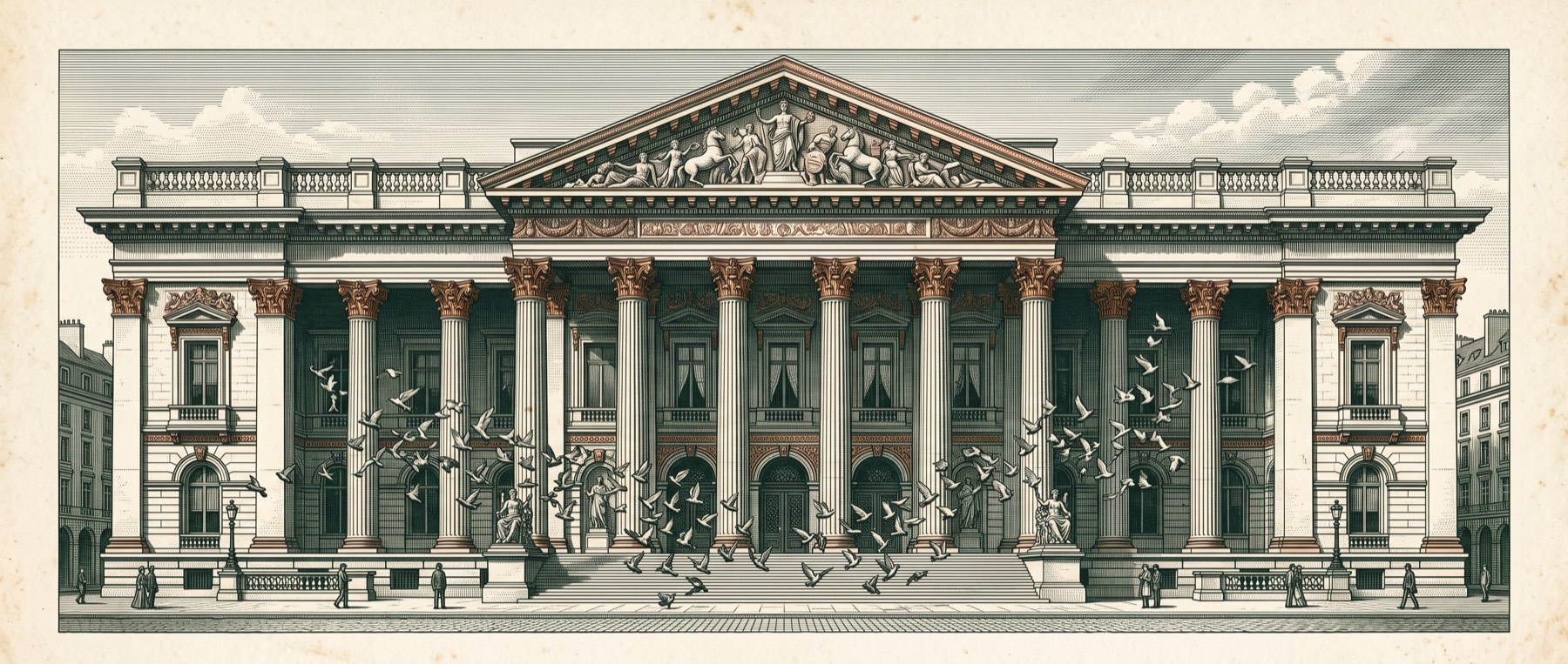 Engraved classical stock-exchange facade with fluted columns
