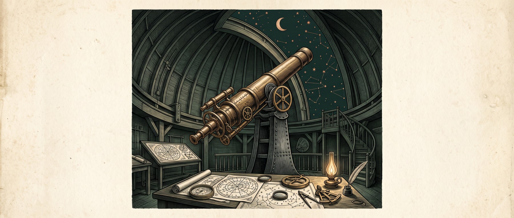 Engraved observatory: a brass telescope aimed at a sky of copper stars