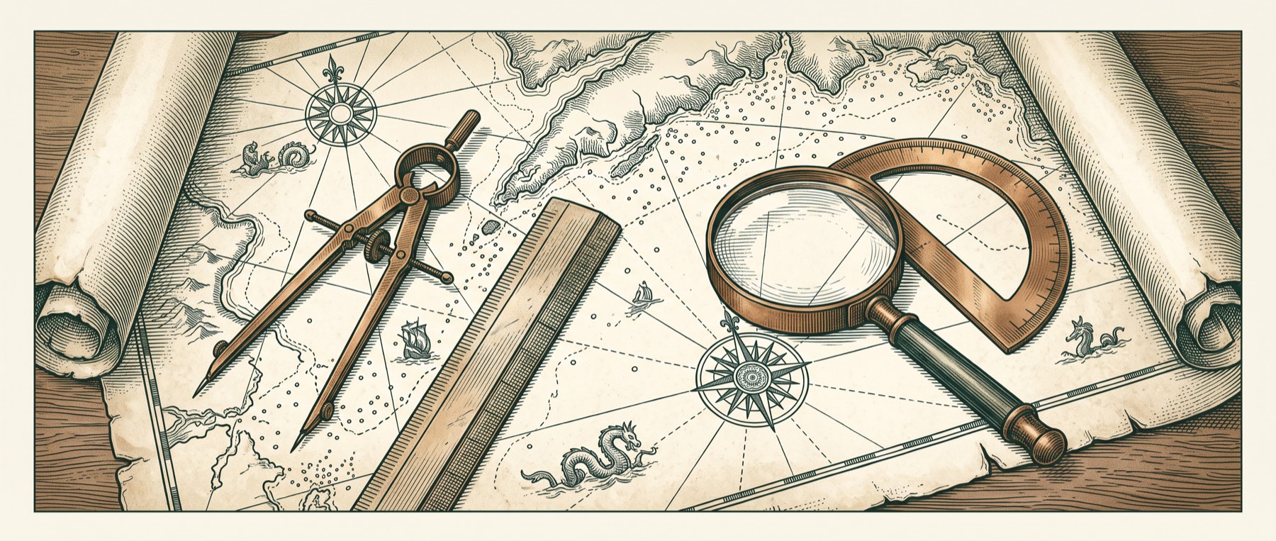 Engraved drafting instruments resting on an unrolled chart