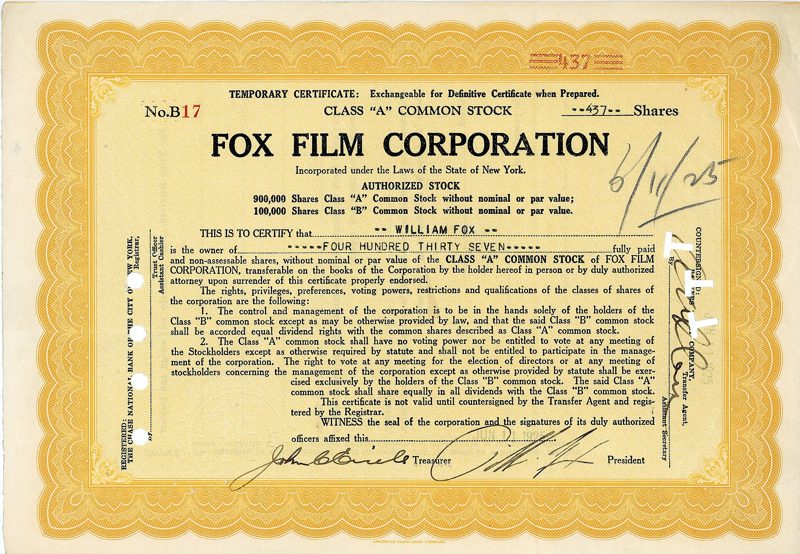 A yellow Fox Film Corporation stock certificate