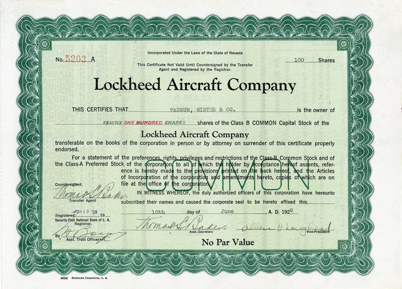 A green engraved Lockheed Aircraft Company stock certificate