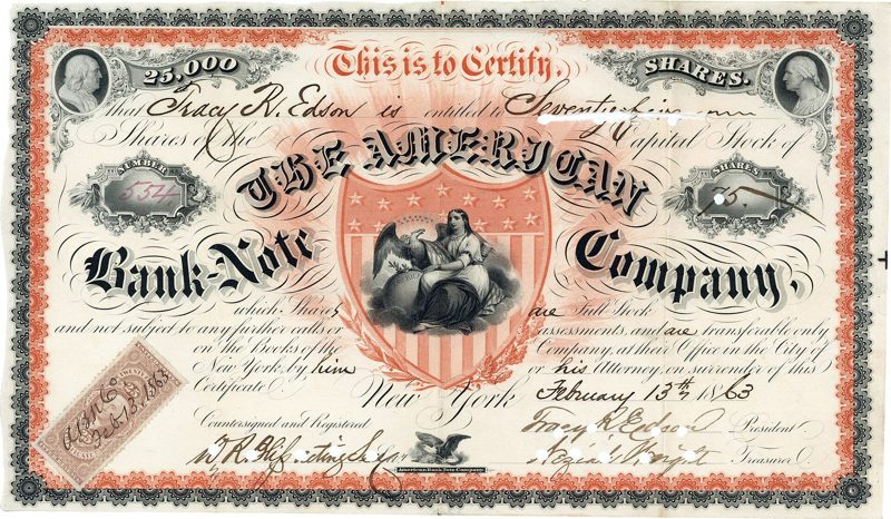 An ornate red and black American Bank Note Company certificate