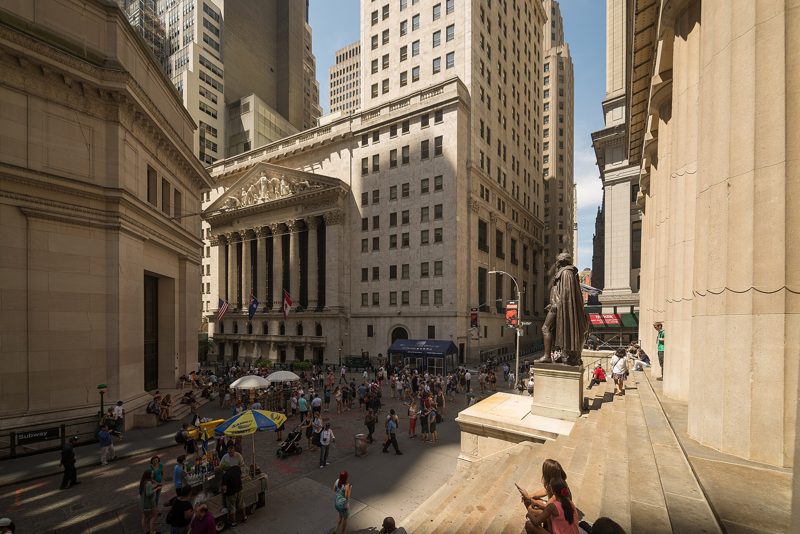 The corner of Wall Street and Broad Street with the New York Stock Exchange