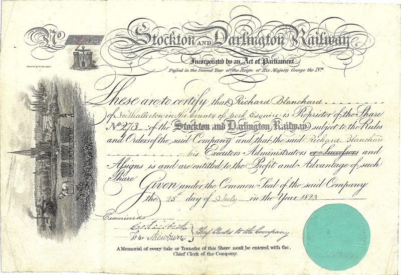 A handwritten and engraved railway share certificate from 1823