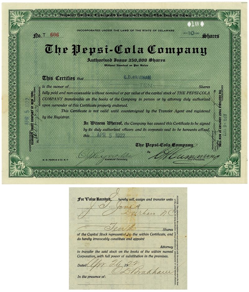 A green Pepsi Cola Company stock certificate